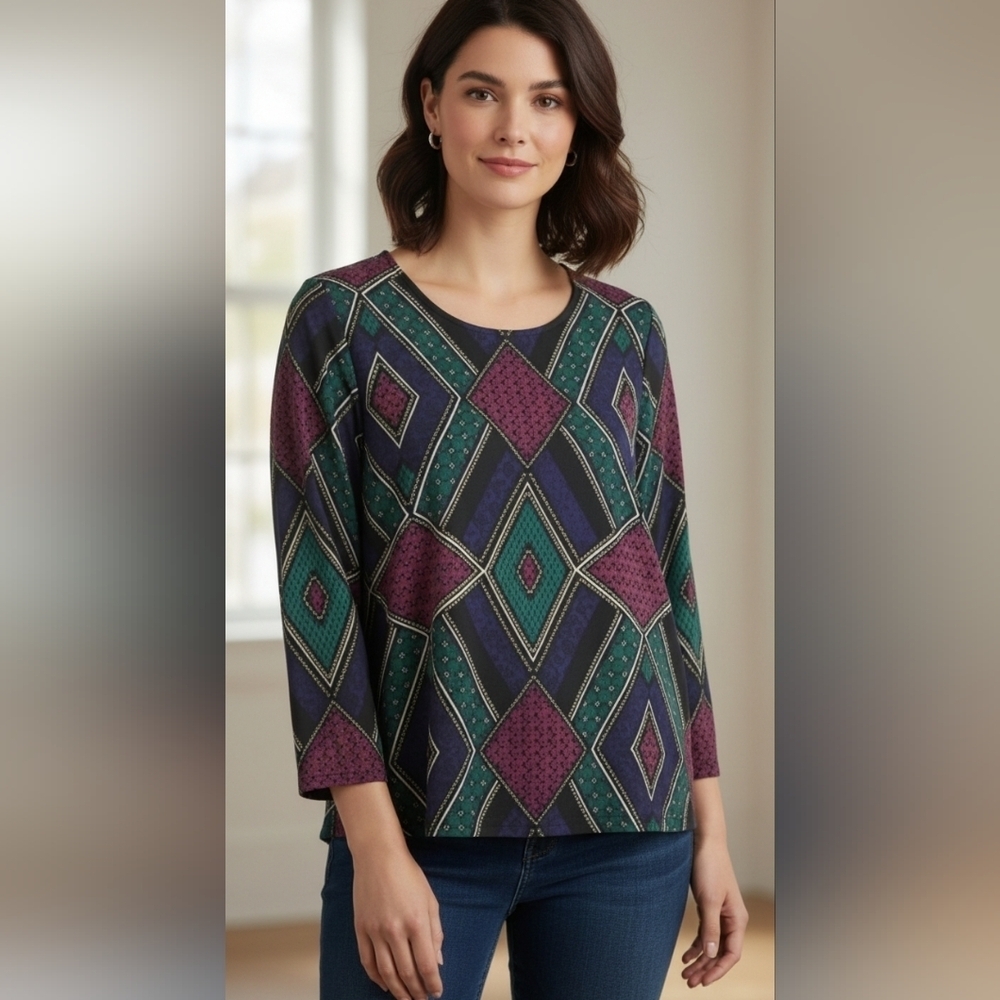 {à la carte} 90s Art Deco Geometric Shape Polyester Blouse